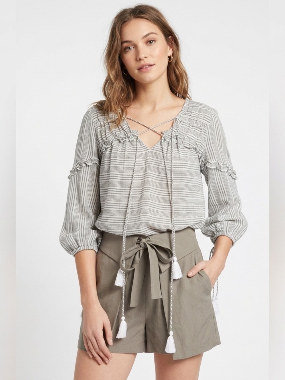 Derek Lam 10 Crosby Tassel Tie Peasant Top Size 6 Boho Coastal Cottagecore